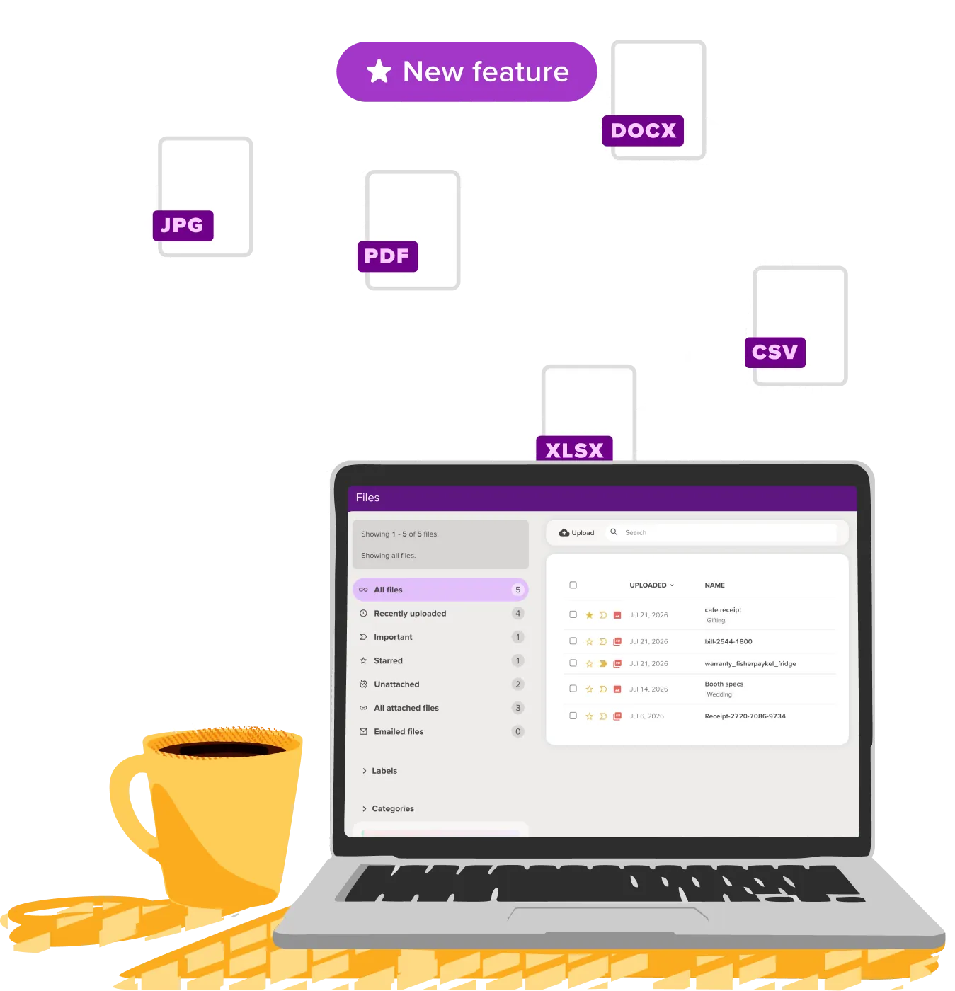 The PocketSmith Files browser, showing uploaded documents linked to the transactions they belong to.