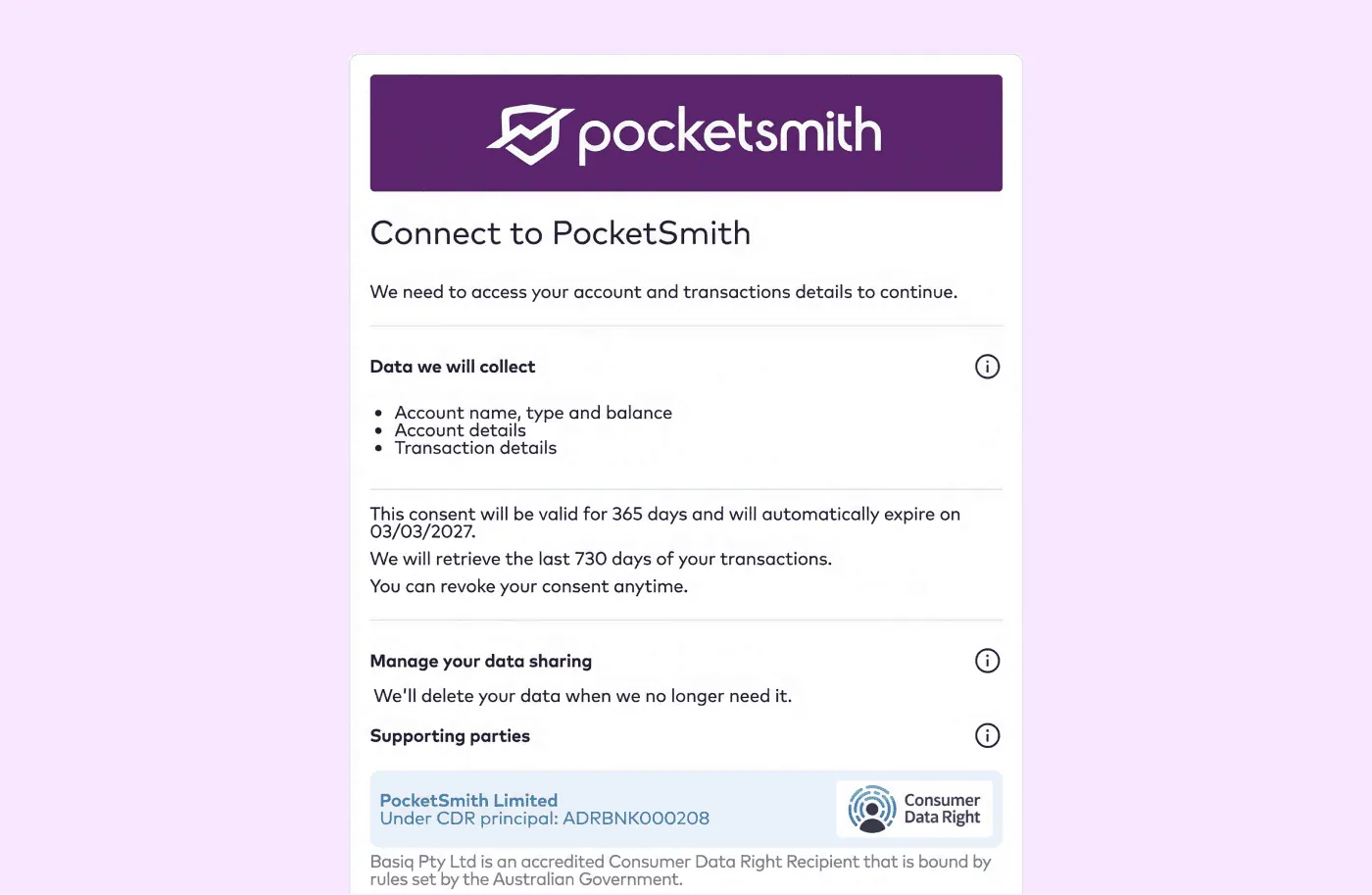 Example of pre-consent screen connecting to UP Bank