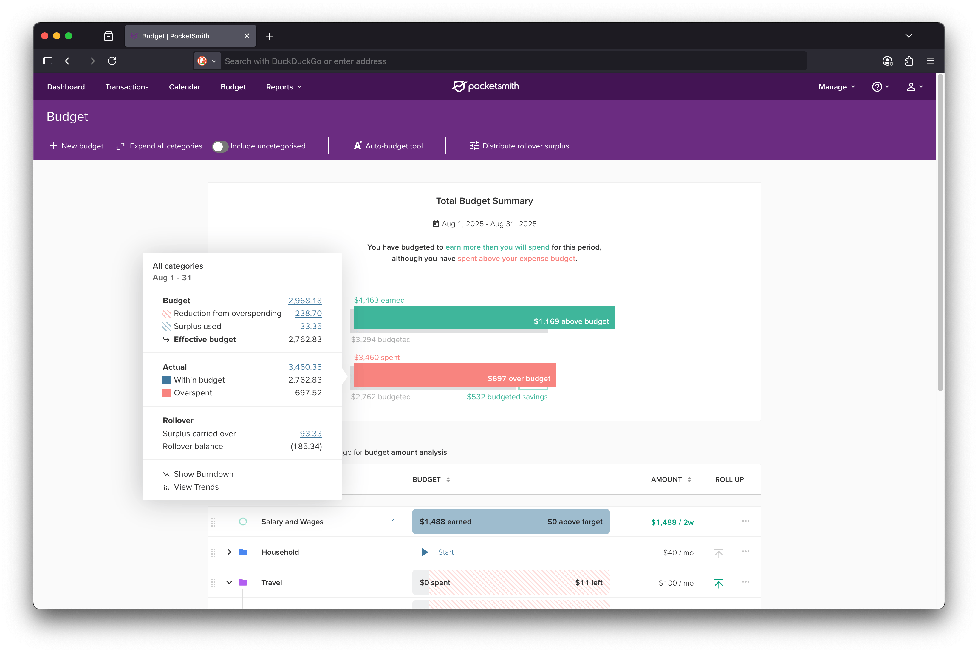 Total Budget Summary now shows the budget analysis panel when clicked, and is consistently includes rollover information when necessary.