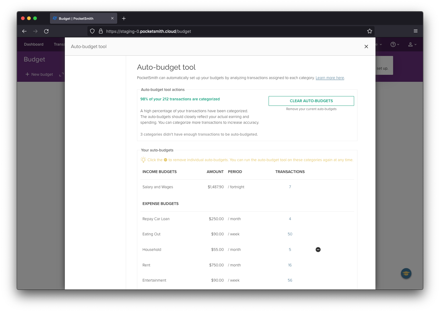 Display of auto-generated budgets with an option to remove the "Household" budget by clicking on the icon next to it