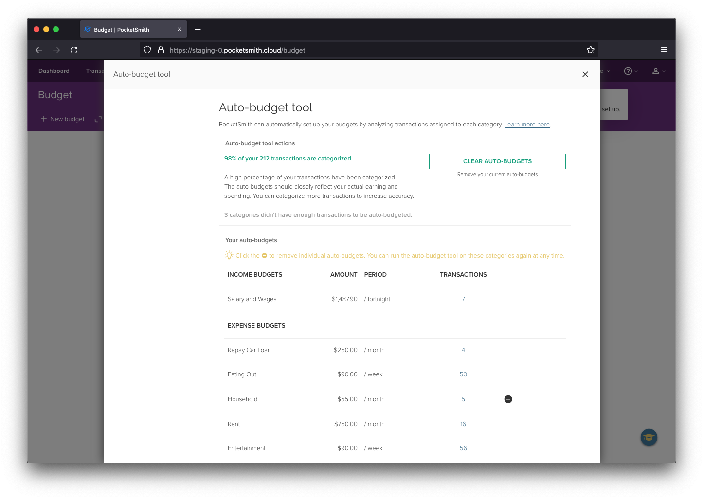 Automatically created budgets, showing the removal icon for "Household" budget