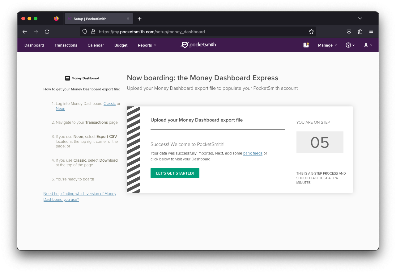 Money Dashboard data import complete