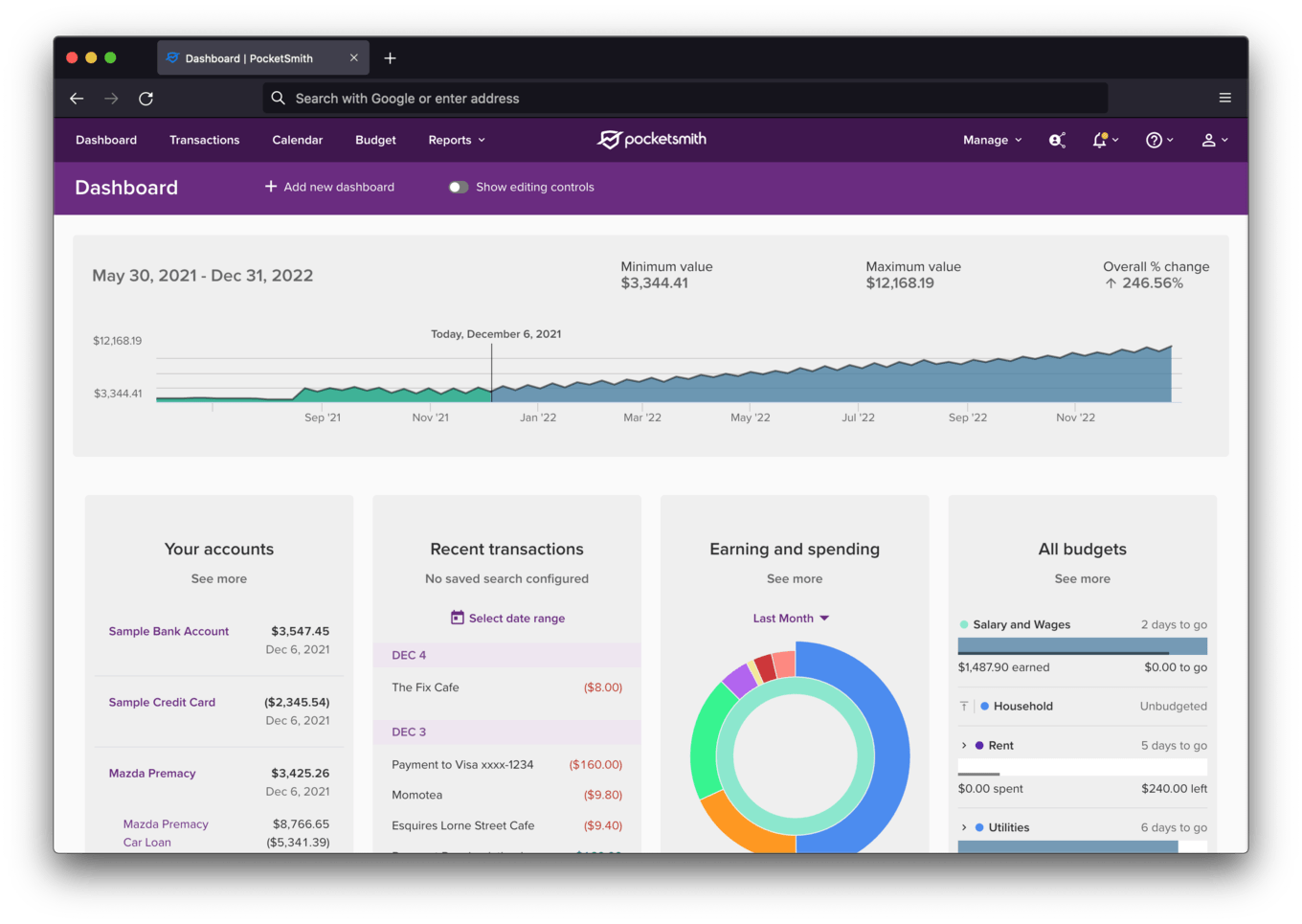 The PocketSmith Dashboard featuring the new main menu