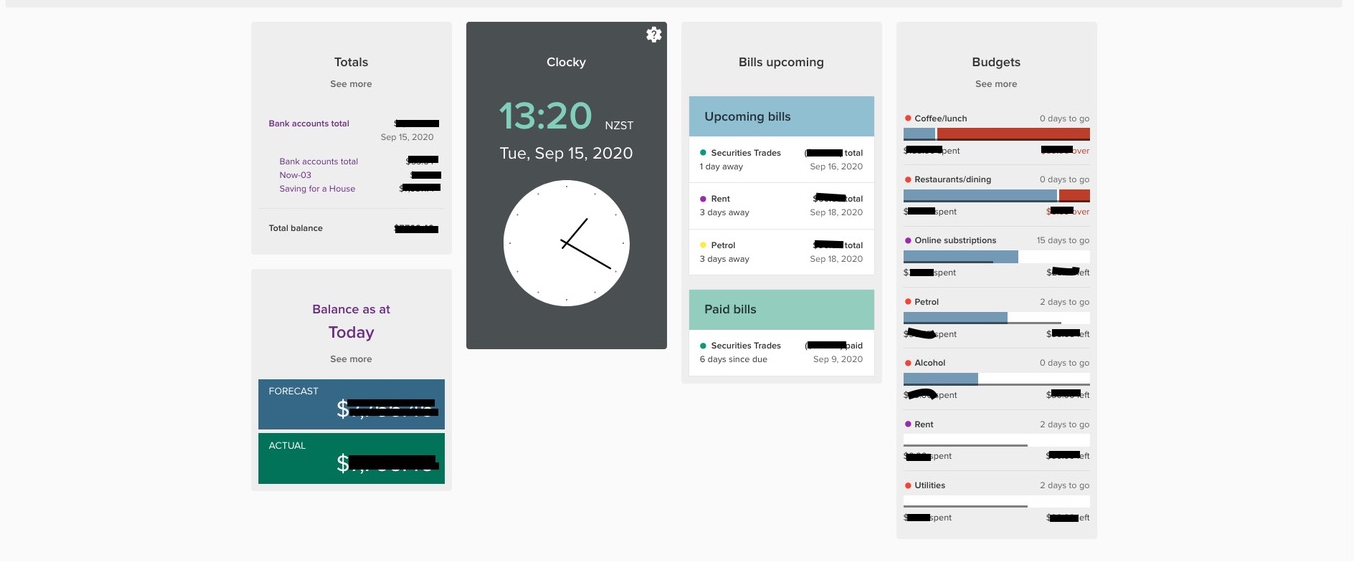 Seb's Dashboard, which has custom widgets he's added to show upcoming bills, budgets, balances and the date and time!