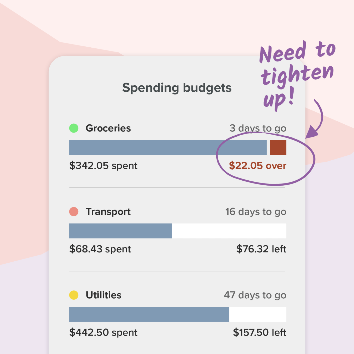 PocketSmith budget showing Groceries, Transport and Utilities categories