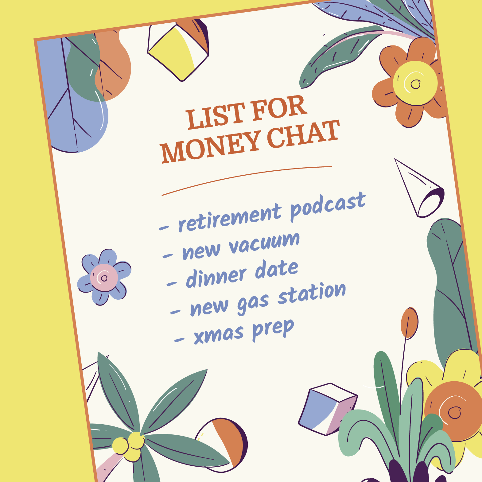 A list of potential topics for a chat about money