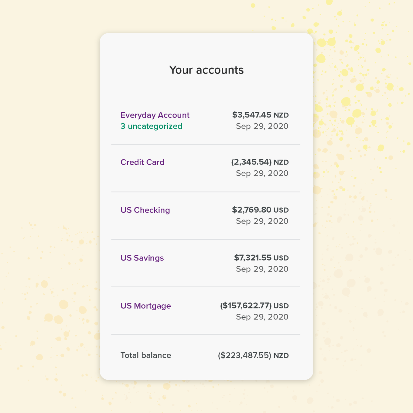 Table showing list of multi-currency accounts in PocketSmith