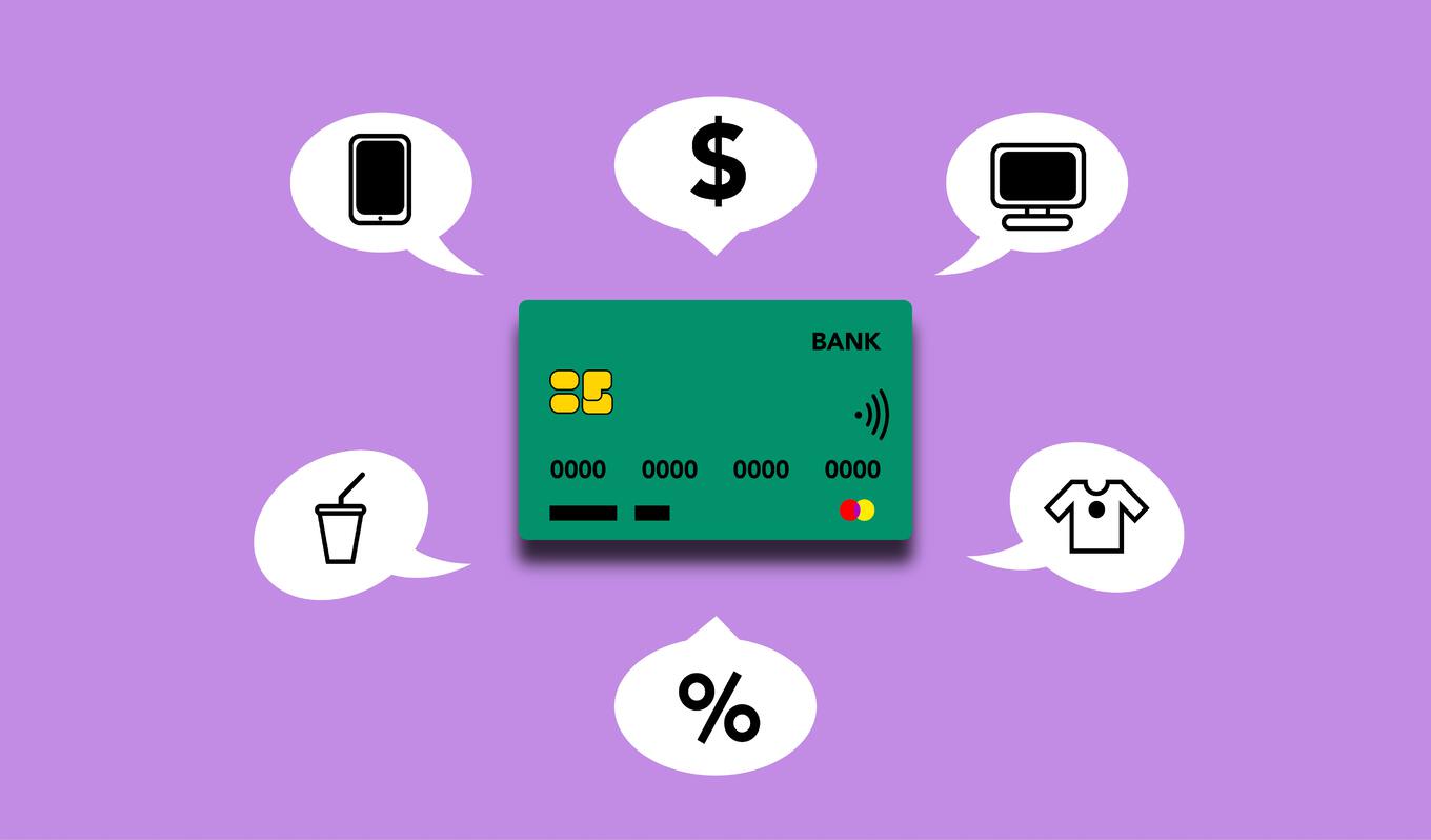 A credit card surrounded by spending habits - phones, clothes, eating out, etc