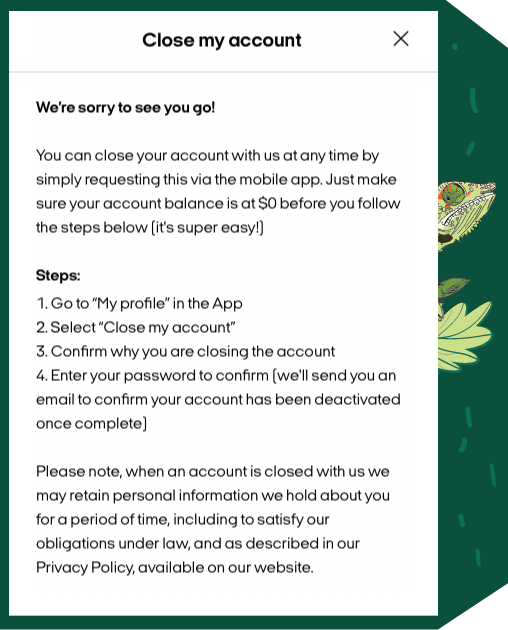 A wall of text that appears when you try to close your Afterpay account