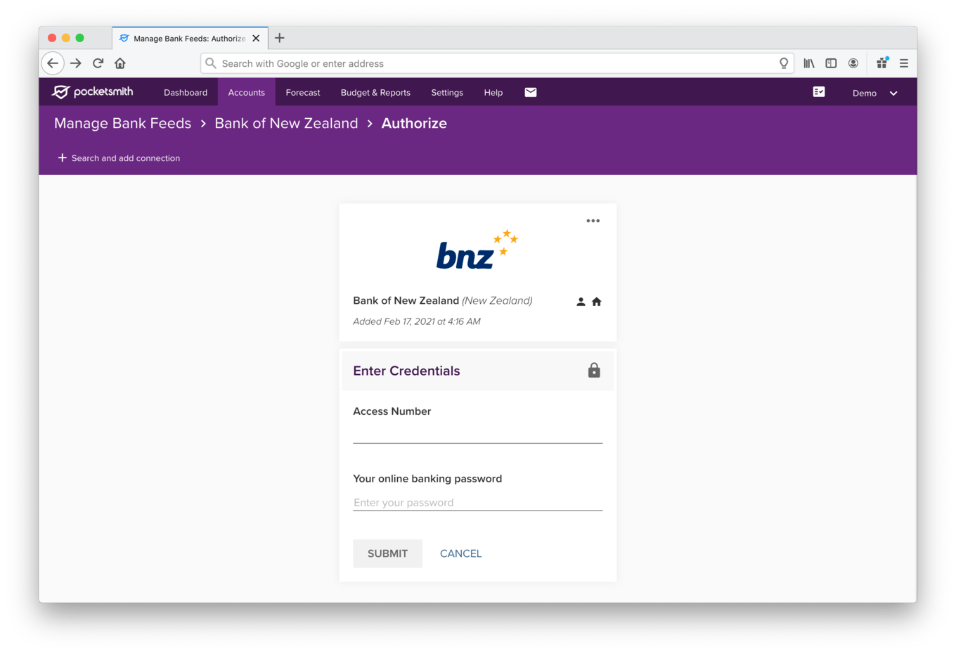 Connection authorize page