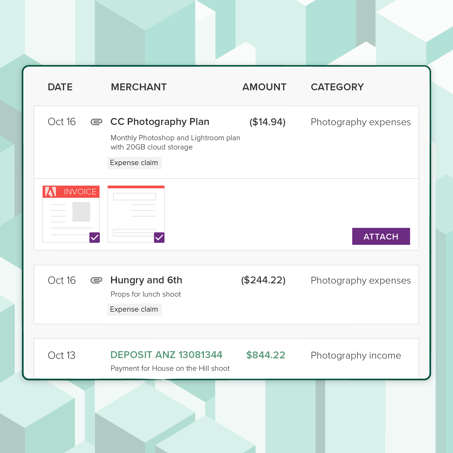 A screenshot of invoices attached to a transaction in PocketSmith